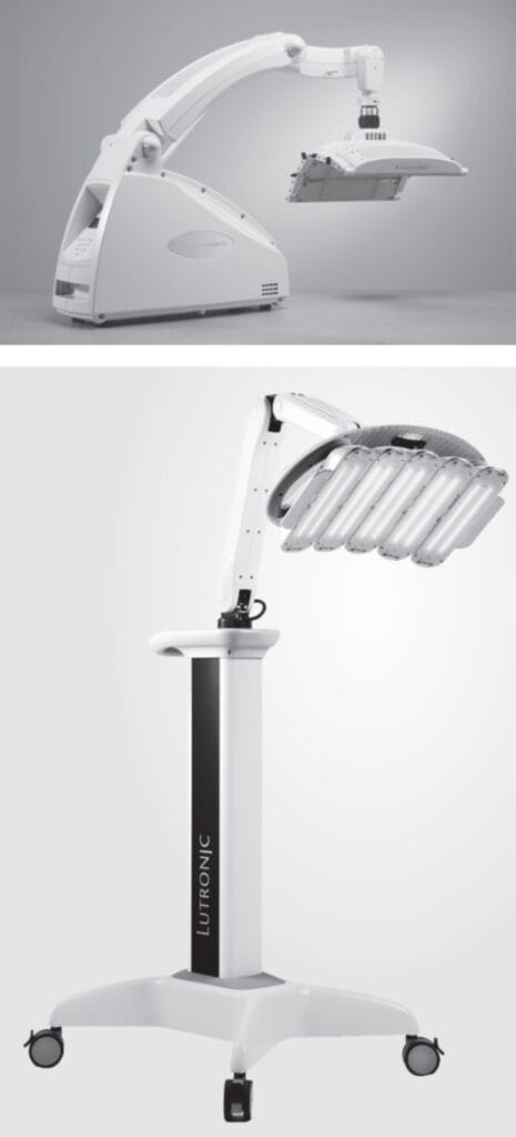 Two representative high-quality LED-LLLT systems. (Above): The Omnilux™ system (Radiancy, Israel), first developed by Photo Therapeutics, UK, in 2002. This is a table- or trolley mounted system offering 3 wavelengths through interchangeable heads (415 nm, 633 nm & 830 nm). The articulated arm and head panels are held in place with manually unlocked and locked turn buttons. (Below): The HEALITE II™ system, commercially available in 2011 (Lutronic Corporation, South Korea). This is a free-standing mobile unit on lockable casters, offering the same 3 wavelengths as above with 2 monotherapy heads (633 nm and 830 nm) and 3 dual wavelength heads (830 nm/633nm, 830 nm/415 nm and 633 nm/415 nm). The hinges on the articulated arm are of the automatic “place and stay” type, requiring no loosening or tightening of clamps, as is the case with the hinges on the planar LED panels.