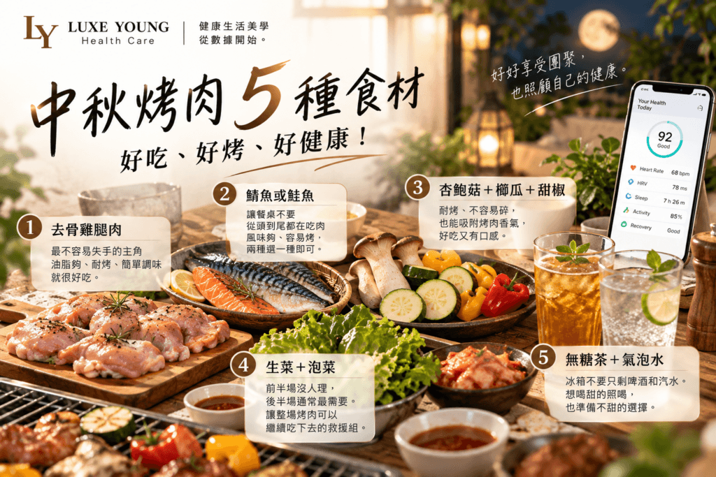 中秋烤肉五類推薦食材與 AI健康管理個人化飲食建議概念